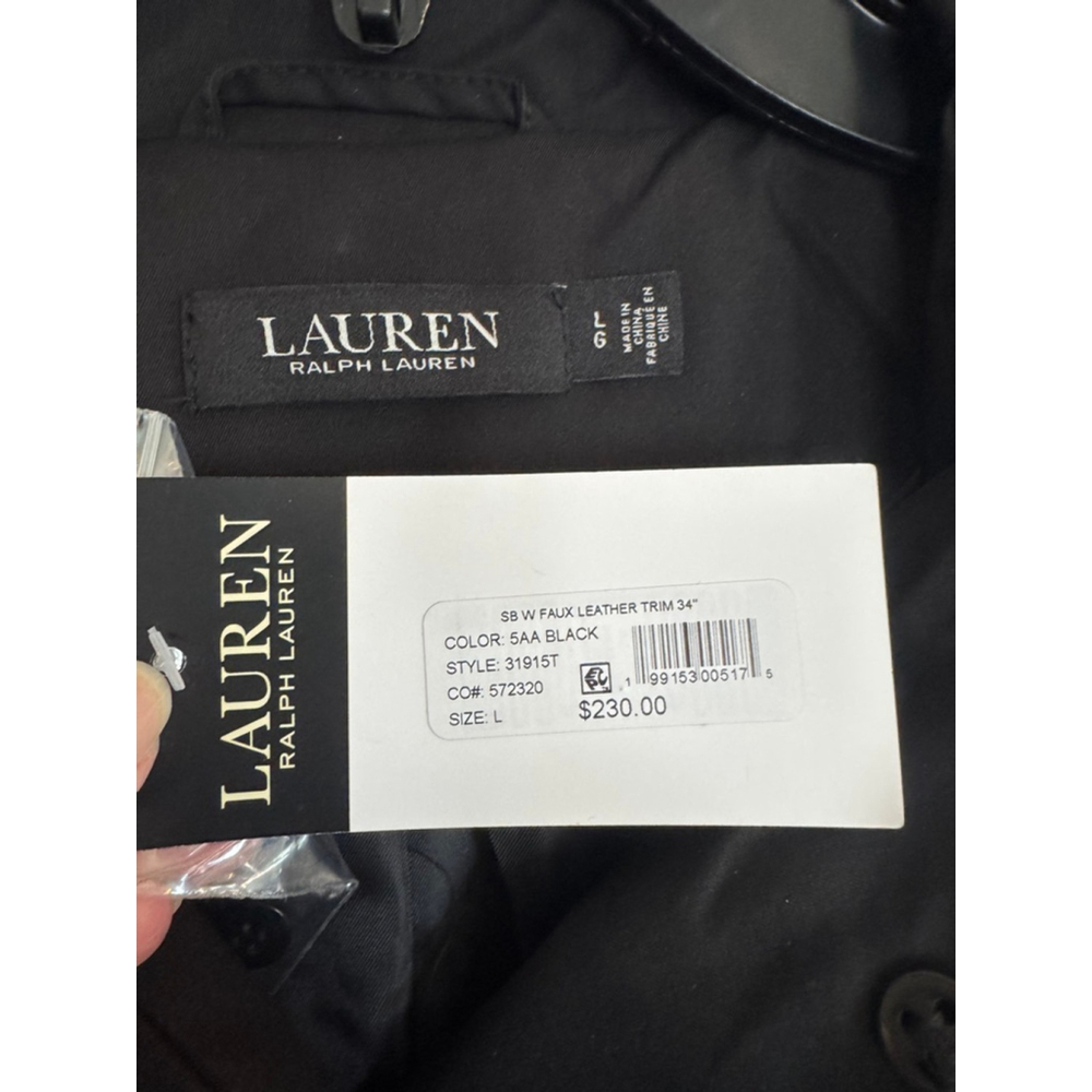 Lauren Ralph Lauren Black Hooded Coat Faux Leather Trim Size L - Picture 2 of 6